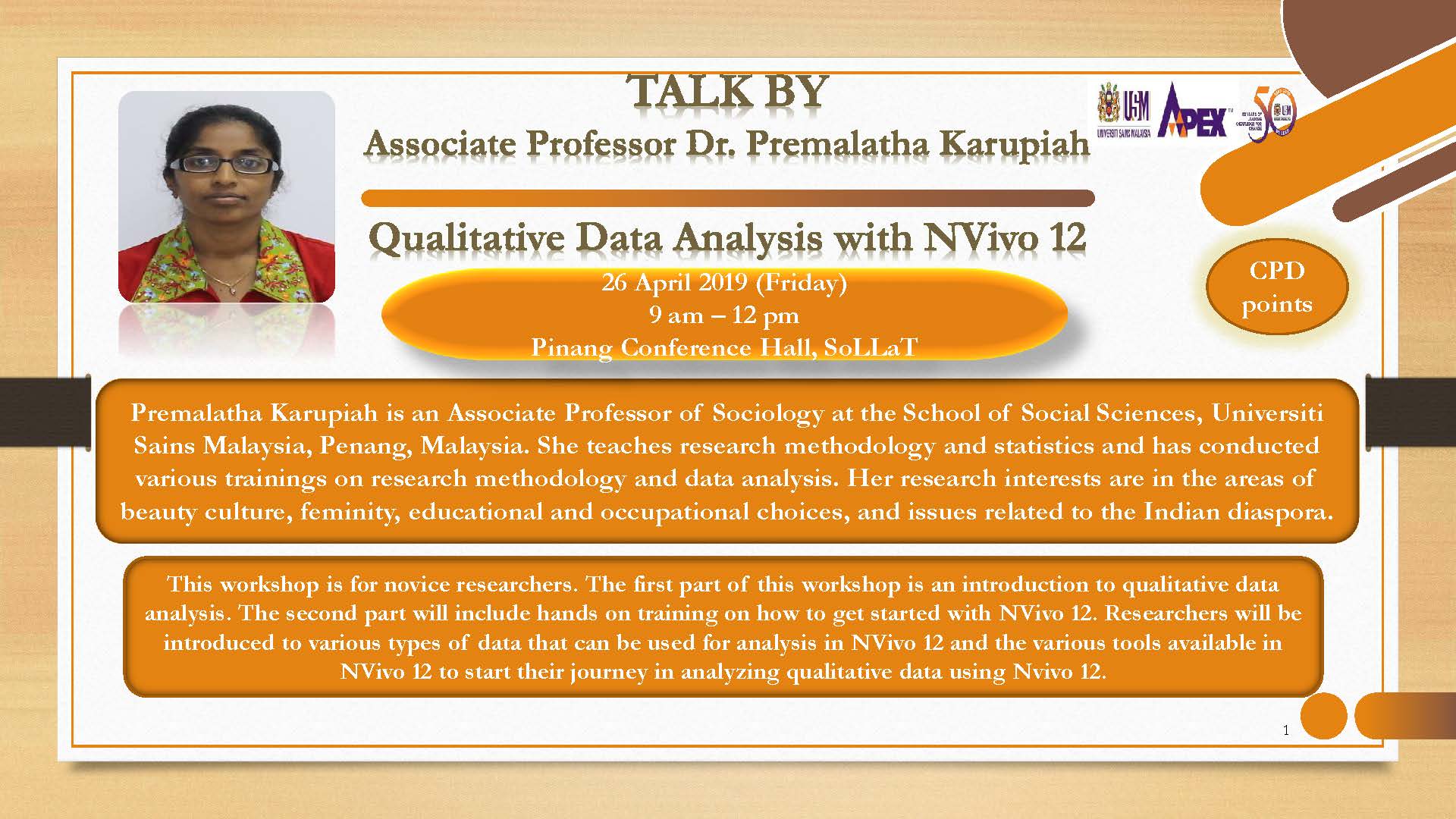 Talk by Assoc. Prof. Premalatha 26 April 2019